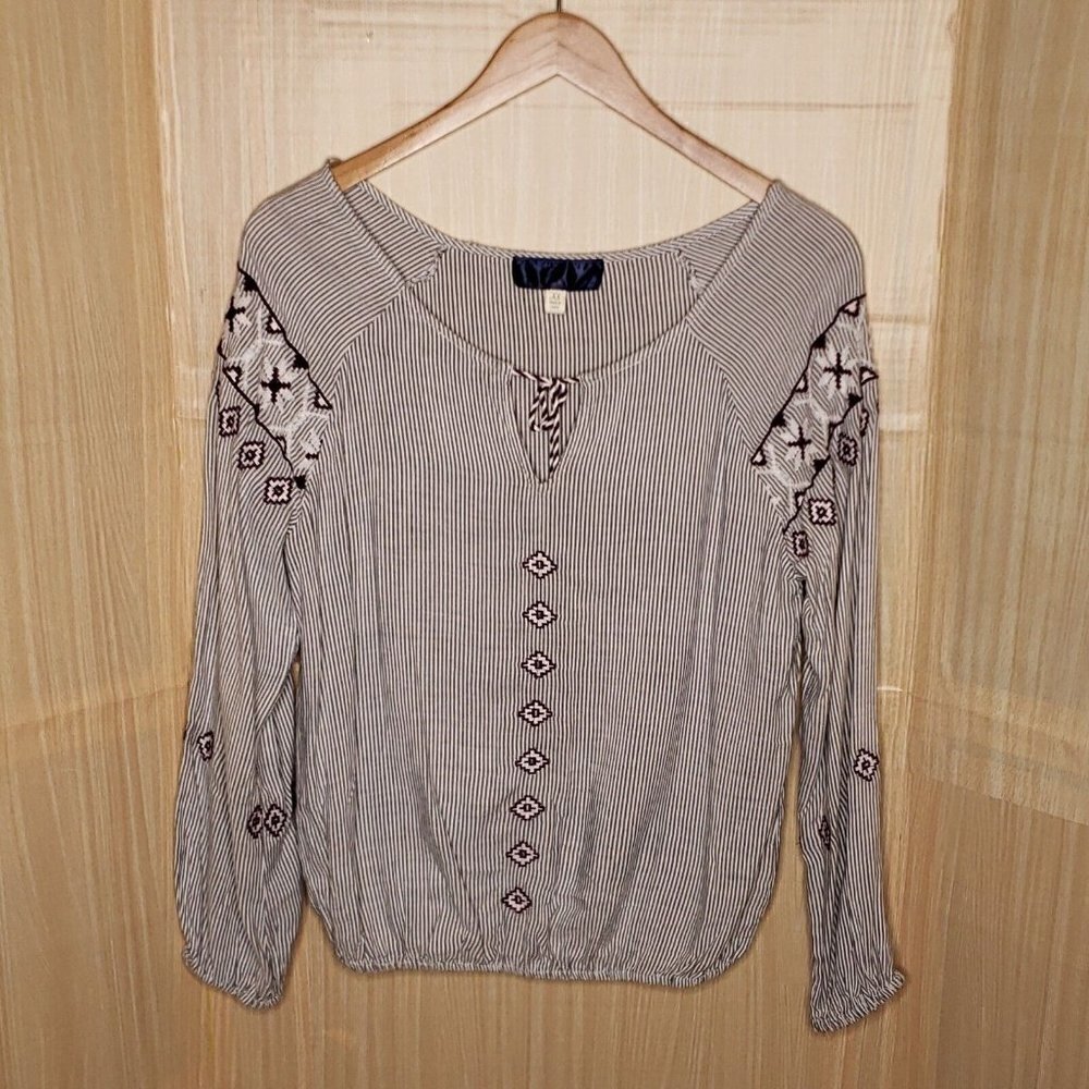 Blue Rain Womens Boho Blue White Stripe Oversized Embroidered Top XS